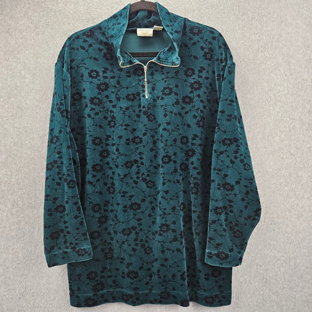 TR BENTLEY | Womens Large Teal Green Floral Velour Pullover Vintage